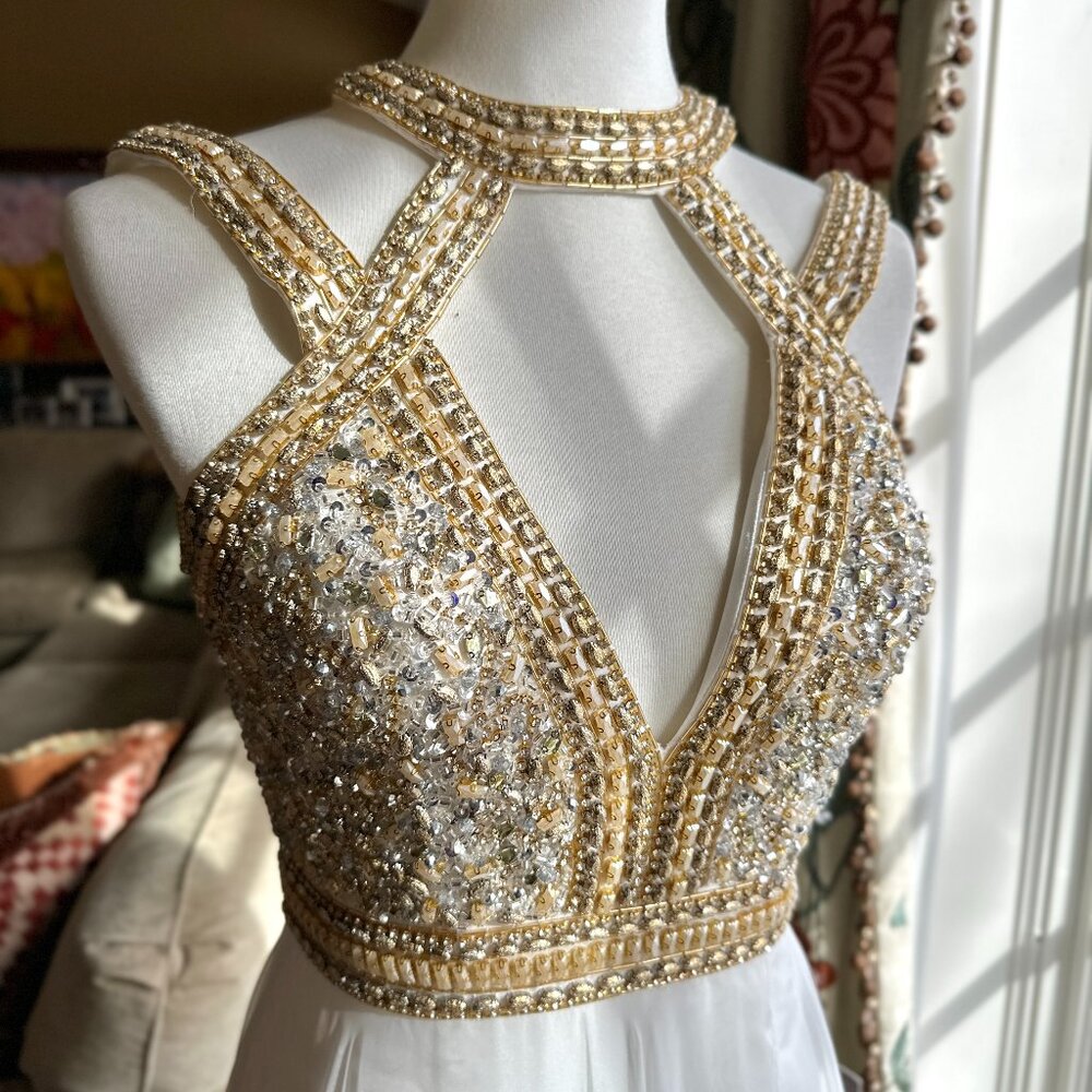 Mac Duggal - Beaded Cutout Bodice Chiffon - Gold & White Gown - NWT - Size 2